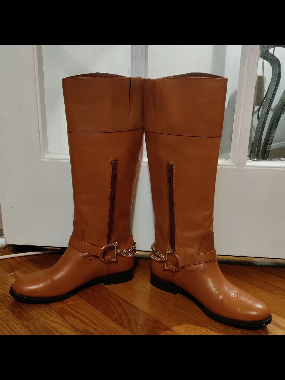 Ralph Lauren Tan Leather Knee High Boots Size 6B Gold Chain Riding Boots